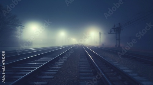 Railway in fog at station with tracks transport railway junction and track transfer arrows, outdoor landscape and foggy background blurred view with copy space for text 