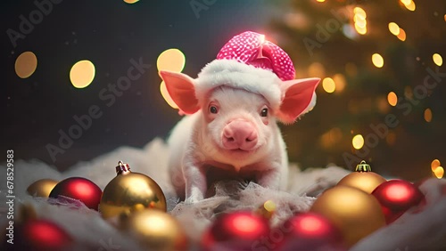 Christmas and New Year holidays concept. Cute pig in Santa Claus red hat. AI generated. photo