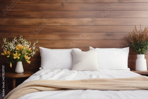 A bed on a wood brown and white background  featuring minimal retouching and a minimalistic  clean style with smooth surfaces.