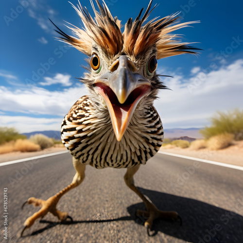 A Roadrunner bird running towards the camera. Generative ai.  photo