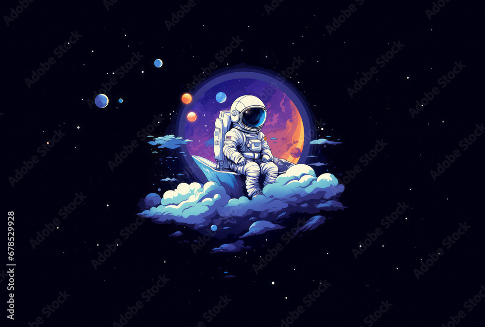 An astronaut sits on a cloud in a childlike illustration style, featuring retrocore vibes, playful animation, clever wit, and a lit kid atmosphere.