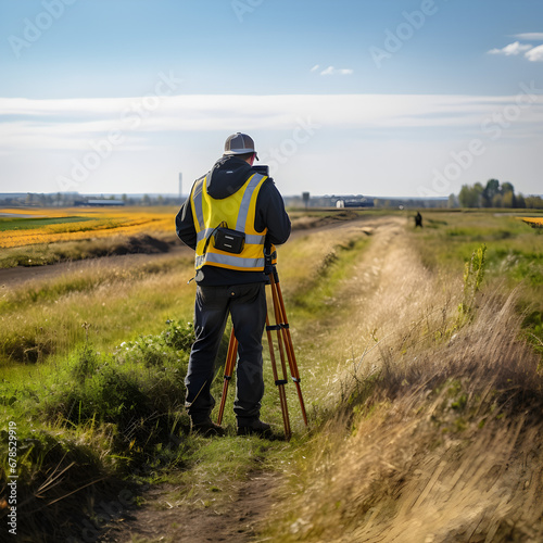 A surveyor wearing a reflective vest surveying land. Generative ai. 