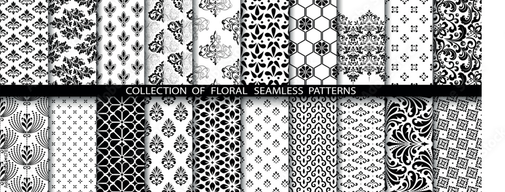 Geometric floral set of seamless patterns. White and black vector backgrounds. Damask graphic ornaments. Geometric floral set of seamless patterns. White and black vector backgrounds. Damask graphic ornaments.
