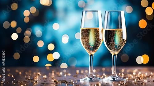 Elegant glasses champagne or sparkling wine Prosecco, blue background, golden bokeh. Holiday concept New Year, party