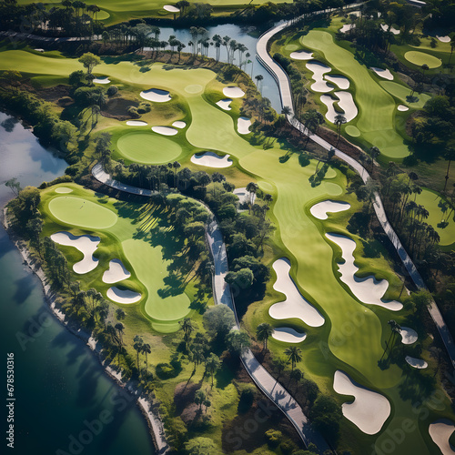 Aerial drone view of a golf course in Florida. Generative ai. 