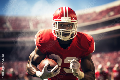 Close-up of professional American football player running with the ball across the stadium field. Determined, powerful, skilled African American athlete ready to win the game. Blurred background.