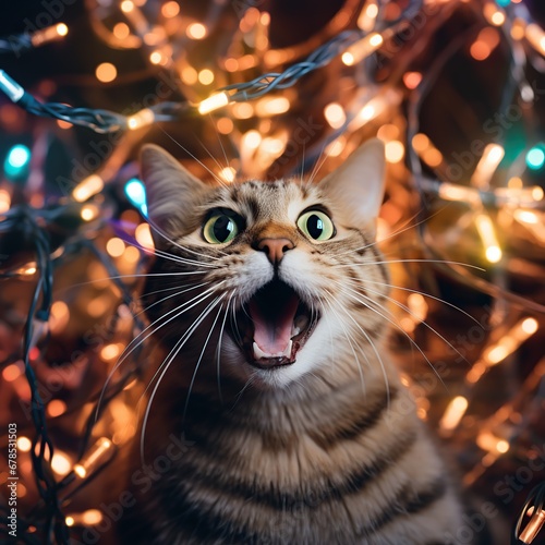 Funny cat with Christmas lights on background. Christmas and New Year concept.