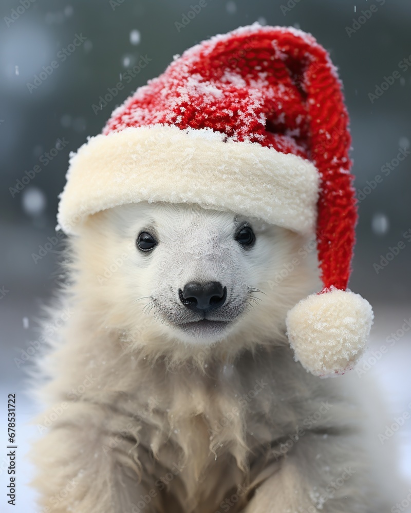 Polar bear in red christmas hat on snowy background, winter season Polar bear in red christmas hat on snowy background, winter season