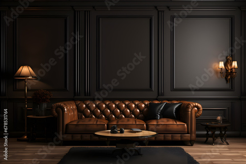 Luxury living room with leather sofa and black furniture in a dark room, Interior in the style of retro classic © Black Pig