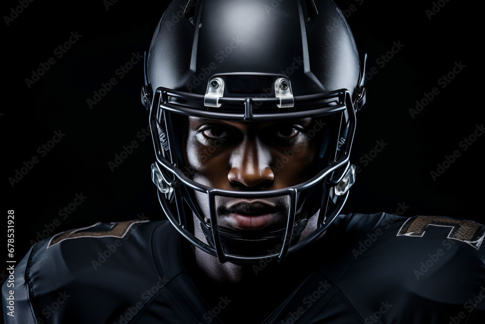 Studio portrait of professional American football player in black uniform. Determined, powerful, skilled African American athlete wearing helmet with protective mask. Isolated in black background. Studio portrait of professional American football player in black uniform. Determined, powerful, skilled African American athlete wearing helmet with protective mask. Isolated in black background.