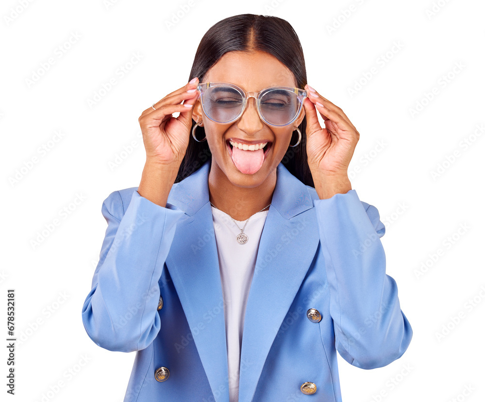 Funny, woman and sunglasses with goofy face, creative and isolated on transparent png background. Business, crazy and young professional in modern fashion, trendy cool style glasses and work clothes. Funny, woman and sunglasses with goofy face, creative and isolated on transparent png background. Business, crazy and young professional in modern fashion, trendy cool style glasses and work clothes.