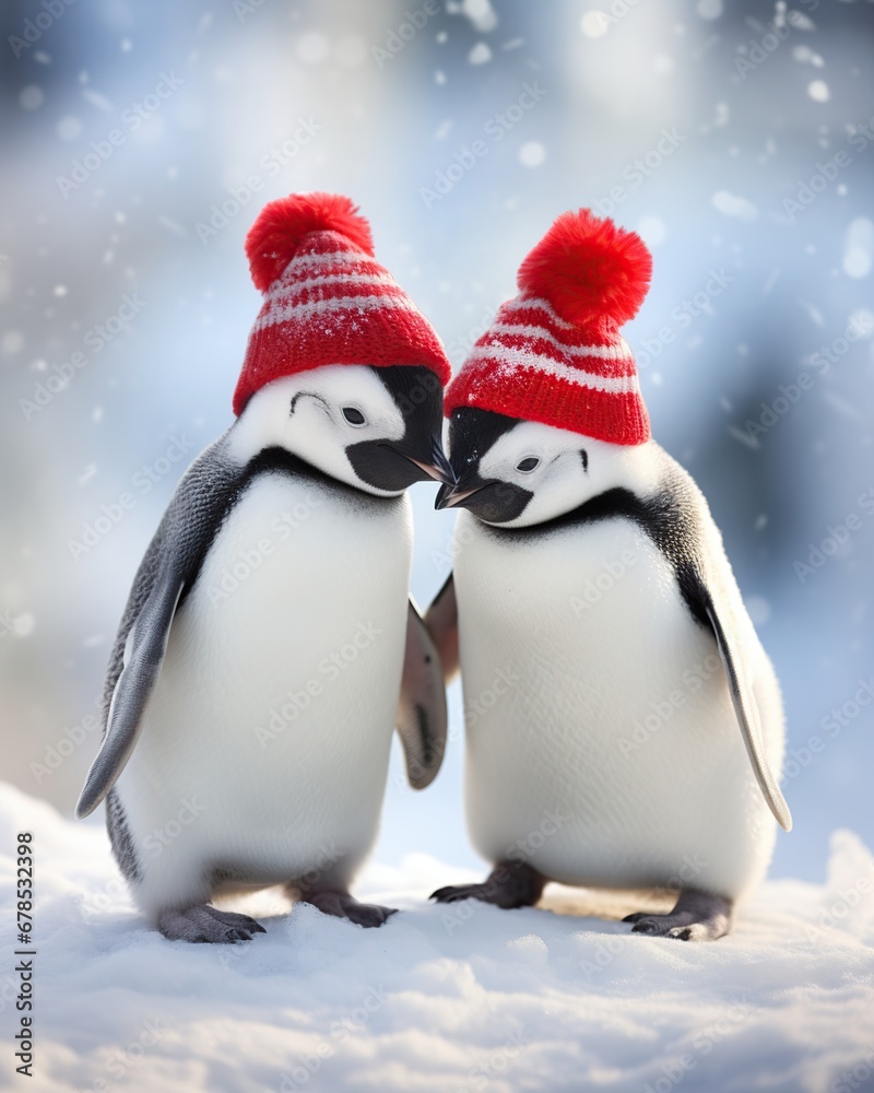 two penguins in a red hat on the snow in the winter two penguins in a red hat on the snow in the winter