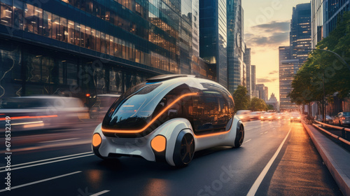 A futuristic self-driving car navigating urban traffic © basketman23