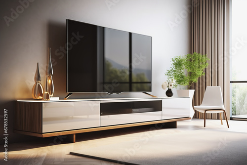 Close up of big television on tv stand and modern table in background of minimalist living room. Building concept of living room and equipment. photo