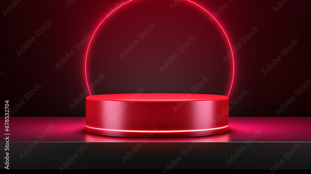 Abstract realistic 3D red cylinder pedestal or podium with illuminate horizontal neon lamp. Dark red minimal scene for product display presentation. geometric platform design. Made with generative ai Abstract realistic 3D red cylinder pedestal or podium with illuminate horizontal neon lamp. Dark red minimal scene for product display presentation. geometric platform design. Made with generative ai