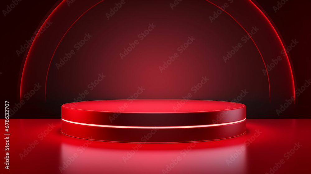 Abstract realistic 3D red cylinder pedestal or podium with illuminate horizontal neon lamp. Dark red minimal scene for product display presentation.  geometric platform design. Made with generative ai