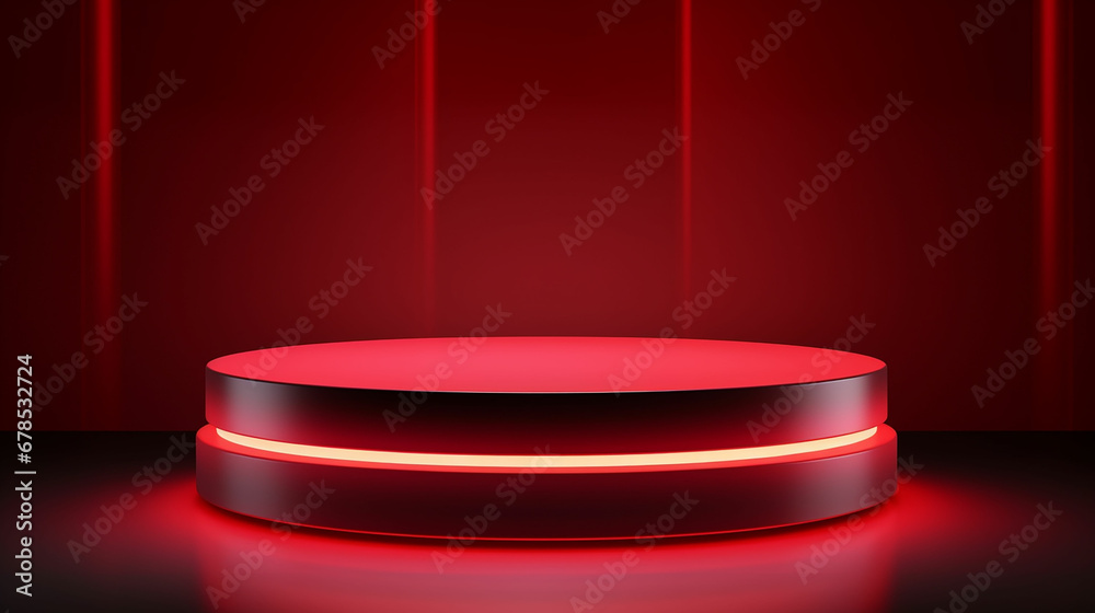 Abstract realistic 3D red cylinder pedestal or podium with illuminate horizontal neon lamp. Dark red minimal scene for product display presentation. geometric platform design. Made with generative ai Abstract realistic 3D red cylinder pedestal or podium with illuminate horizontal neon lamp. Dark red minimal scene for product display presentation. geometric platform design. Made with generative ai