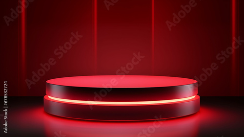 Abstract realistic 3D red cylinder pedestal or podium with illuminate horizontal neon lamp. Dark red minimal scene for product display presentation.  geometric platform design. Made with generative ai