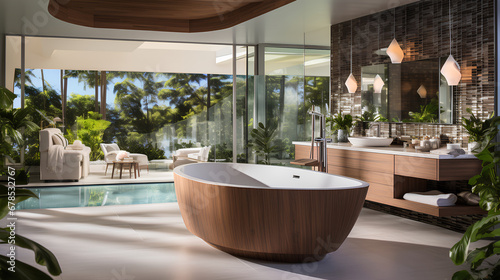  large bathroom and thermal spa in the Pacific Northwest, open-concept design, with a modern eclectic style that seamlessly blends natural wood sculpture, polished chrome hardware