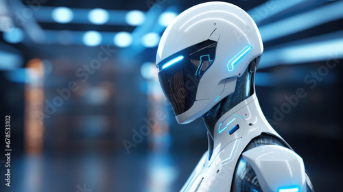 A sleek, futuristic AI robot with a holographic interface