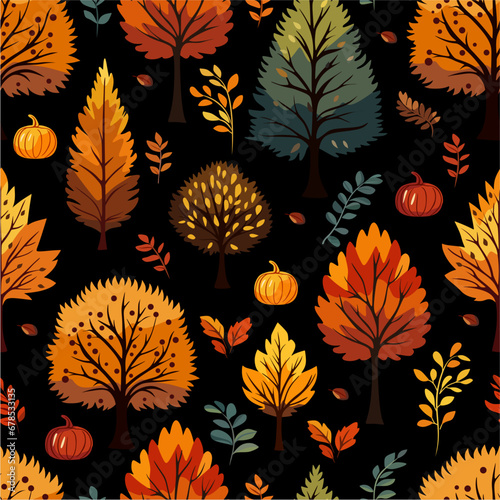 Autumn seamless pattern with trees  leaves  pumpkins on a black background. Cute textures for baby textiles  fabric design  scrapbooking  wallpaper  etc.