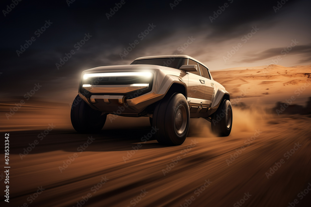 An abstract off-road 4x4 car riding on high speed at the dirt track. Generative art