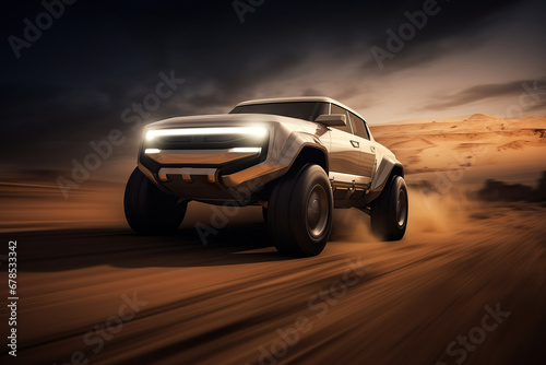 An abstract off-road 4x4 car riding on high speed at the dirt track. Generative art