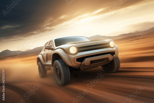 An abstract off-road 4x4 car riding on high speed at the dirt track. Generative art photo
