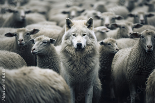 A wolf in sheep s clothing in the herd of sheep. Ai generated illustration