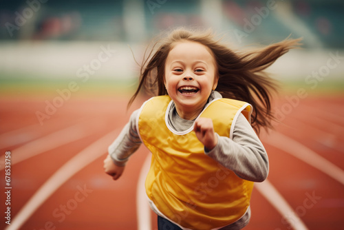 A joyful girl with Down syndrome running on a track, her hair flying back, she's wearing a yellow vest