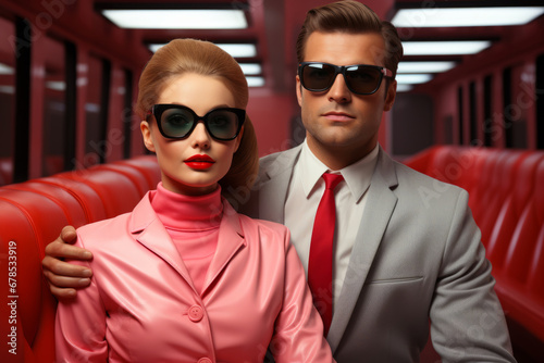 Close-up of glamorous confident Caucasian couple posing indoors. Attractive young man and woman in fashionable suits and stylish sunglasses against a modern colorful background. Beauty and fashion.