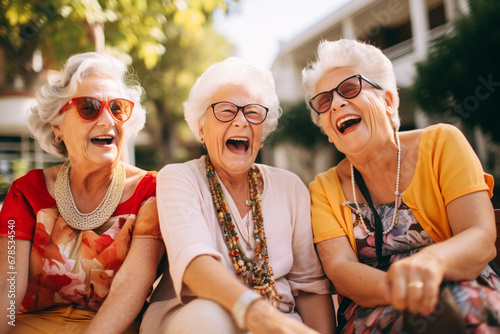 The portrait group shot of happy female elders enjoying a leisure time outdoors together. Senior group old friends. Generative AI. © Surachetsh
