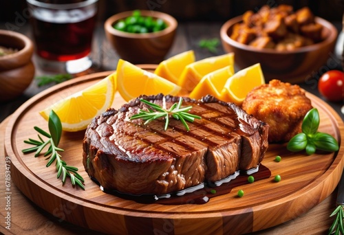 fried meat steak on a wooden plate