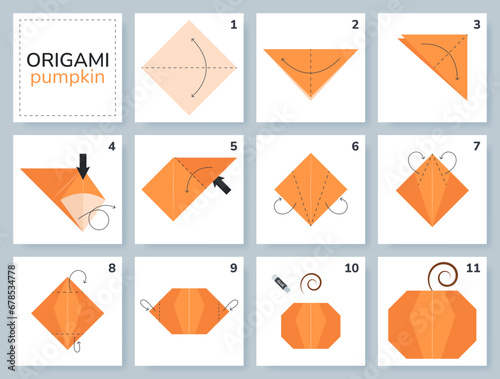 Pumpkin origami scheme tutorial moving model. Origami for kids. Step by step how to make a cute origami vegetable. Vector illustration.