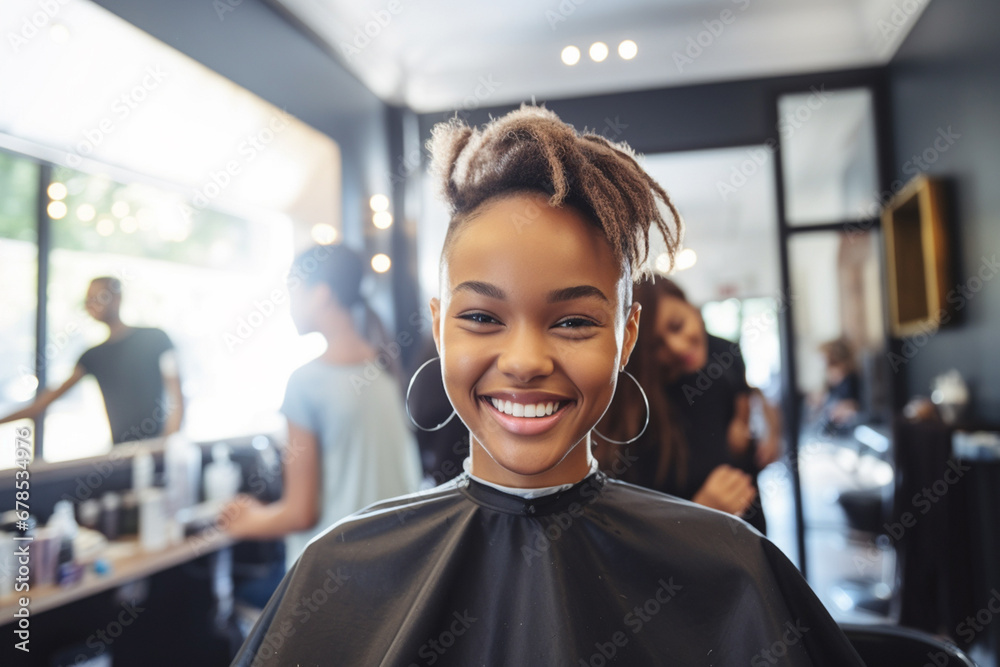 An attractive and lively young female teenager with a cool haircut smiles after getting a new look at a barbershop. Generative AI. - obrazy, fototapety, plakaty 