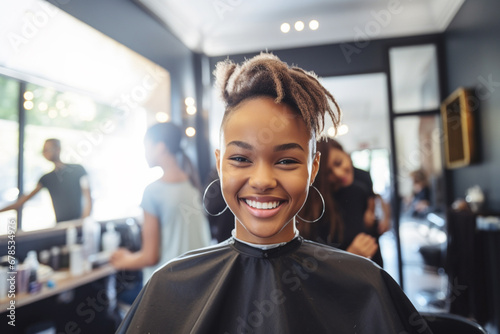 An attractive and lively young female teenager with a cool haircut smiles after getting a new look at a barbershop. Generative AI. photo