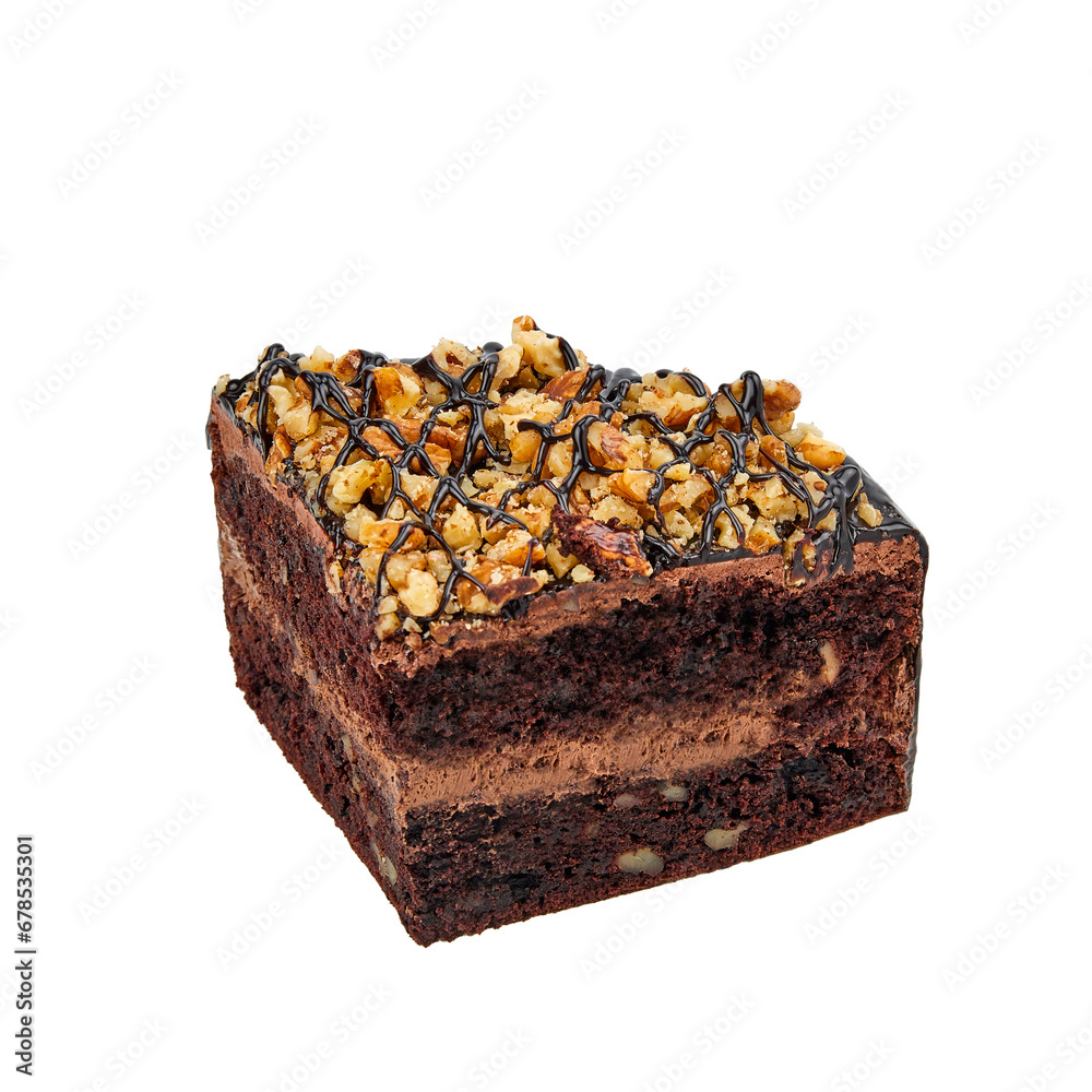 A piece of Brownie cake based on chocolate biscuit with walnuts, chocolate cream with cognac isolated on white A piece of Brownie cake based on chocolate biscuit with walnuts, chocolate cream with cognac isolated on white