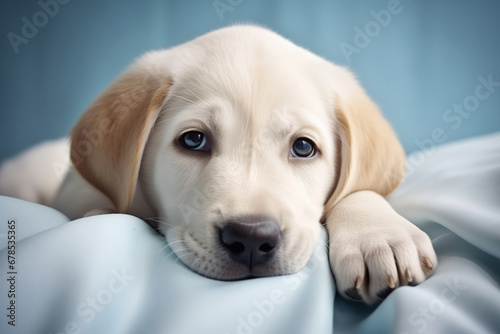 A White labrador or retriever puppy laying on the bed, close-up portrait