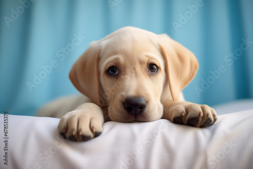 A White labrador or retriever puppy laying on the bed, close-up portrait