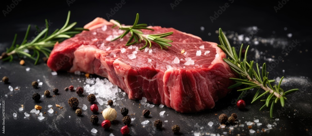 Preparing to cook a flavorful meat dish with spices and herbs on a dark concrete background