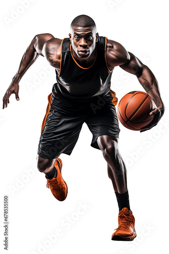 action shot of an african american basketball player moving and playing, isolated on a white or transparent background png, professional basket ball athlete studio shot © Alan
