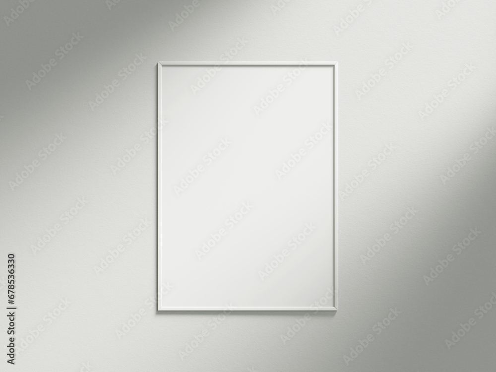 Minimal picture poster frame mockup on white wallpaper with sunlight Minimal picture poster frame mockup on white wallpaper with sunlight