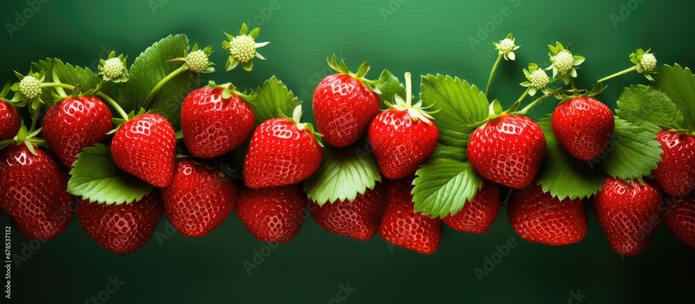 Strawberry on green backdrop with exotic fruits leaves Concept Food creativity