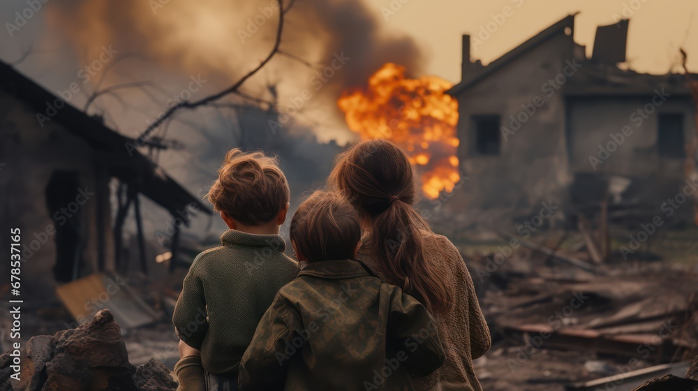 A mother and her child watching an explosion in their village A mother and her child watching an explosion in their village