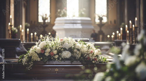 Closeup of modern Coffin in the church with fresh flowers, candles, funeral ceremony. Organization of funerals, farewell to the dead, funeral service.  photo