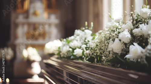 Closeup of modern Coffin in the church with fresh flowers, candles, funeral ceremony. Organization of funerals, farewell to the dead, funeral service.  photo