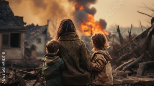 A mother and her child watching an explosion in their village