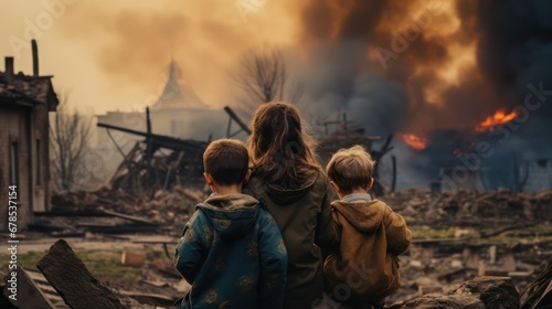 A mother and her child watching an explosion in their village