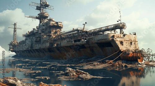 Print op canvas a post-apocalyptic world with a colossal rusted battleship