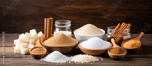 Various sugars molasses bagasse and cane pictured on wooden background all byproducts of sugarcane